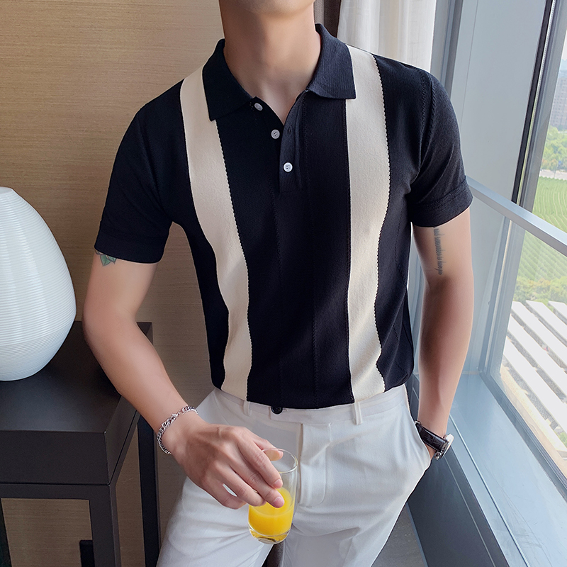 Summer polo shirt man short sleeve ice silk T-shirt high-end Korean version of body hit color flipped knitted thin and casual T-shirt