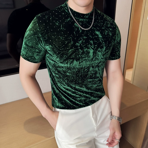 Дизайнерская бархатная летняя модная футболка с коротким рукавом, облегающий крой, высокий воротник