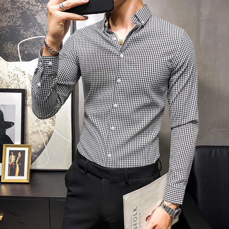 Spring swing bird lattice shirt men's long-sleeved Korean version of the trend fashion men's body-fitting shirt casual handsome tide brand clothes