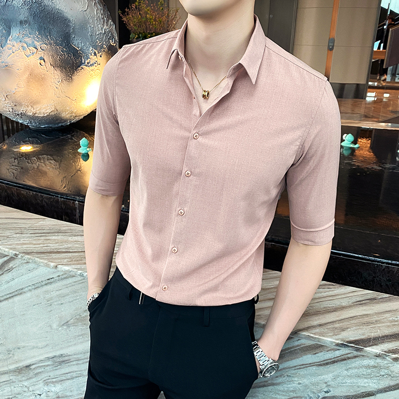 70% sleeve shirt male and Korean version trend handsome summer pure color swarm men short sleeve shirt business casual men's clothing