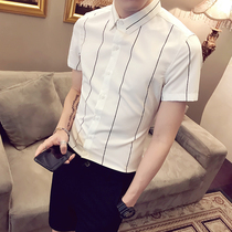 Summer striped short-sleeved shirt mens Korean version of the trend handsome handsome shirt hair stylist fashion brand mens clothes