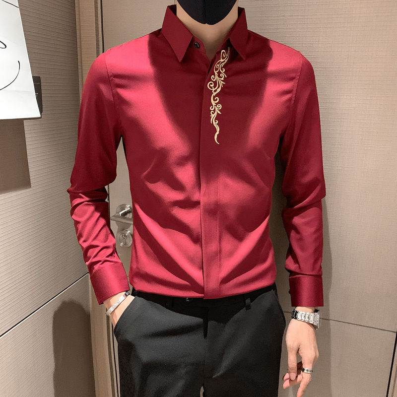 High-End Men's Long-Sleeved Shirt, New Spring and Autumn Style, Slim Fit, Business Casual, Red with Hidden Buttons and Embroidery for the Year of Birth