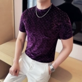Дизайнерская бархатная летняя модная футболка с коротким рукавом, облегающий крой, высокий воротник