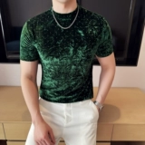 Дизайнерская бархатная летняя модная футболка с коротким рукавом, облегающий крой, высокий воротник