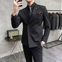 Spring and autumn suits Mens suit Korean version trend to fix handsome and double-row buttresses for mens business positive dress grooming gowns