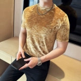 Дизайнерская бархатная летняя модная футболка с коротким рукавом, облегающий крой, высокий воротник