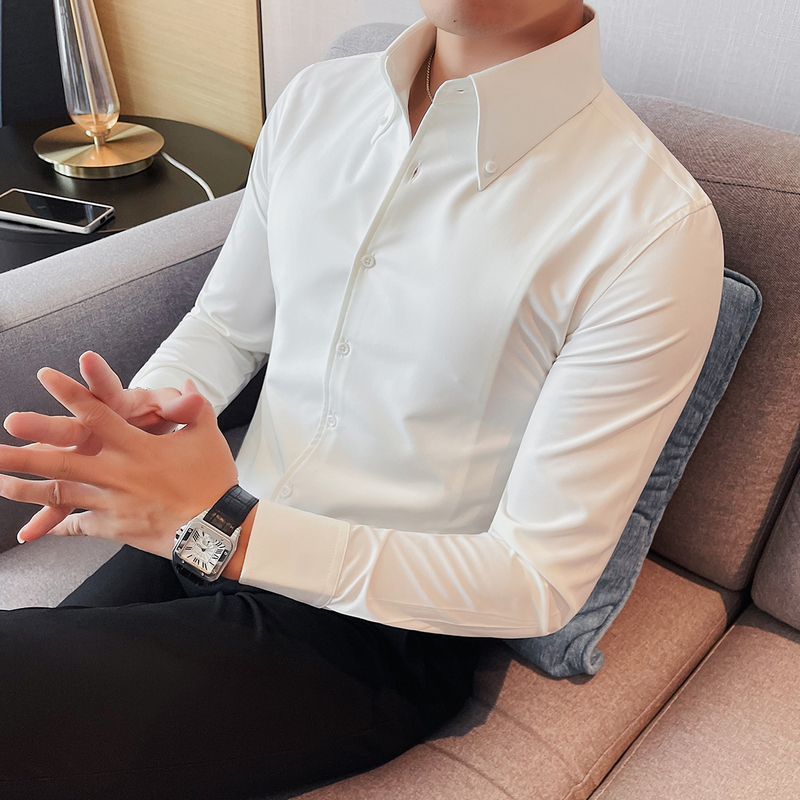 French-Style Large Pointed Collar Men's Long-Sleeved Shirt, Slim Fit, High-End Casual Business Formal Wear, Workwear, White Shirt