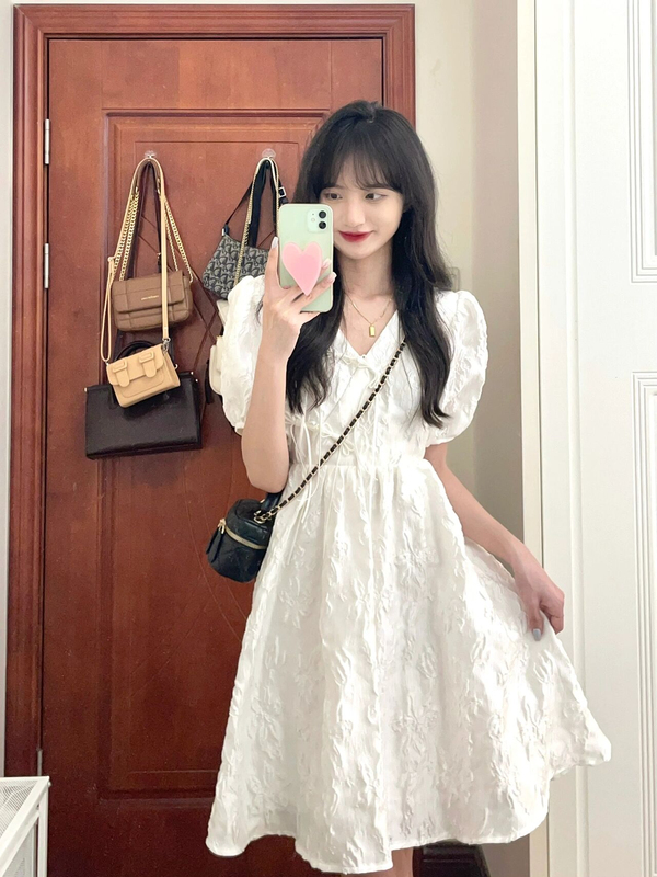 Petite Sweet Fairy Dress, Preppy Style V-Neck First Love Dress, Puff Sleeves, Summer Pure White Dress for Women