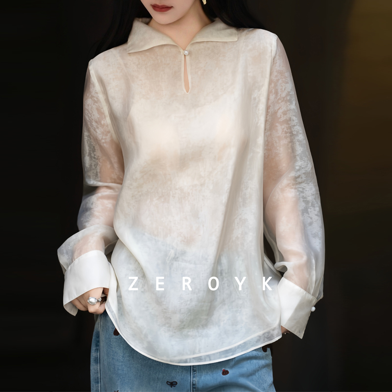 New Chinese-Style Stand-Up Collar Shirt for Women, Long-Sleeved, Loose-Fitting, High-End Organza Thin Top, National Style Shirt, Slightly See-Through and Versatile