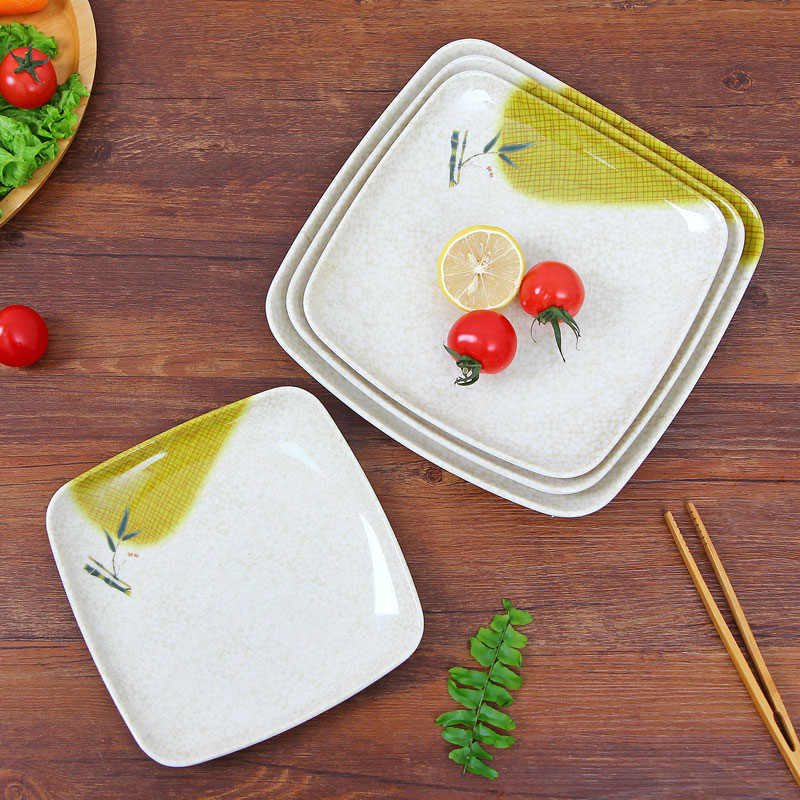 Lucky Bamboo Imitation Porcelain Square Corner Plate Fast Food Fried Rice Plate Melamine Cover Rice Plate Flat Plate Dumpling Plate Plate Shallow Plate