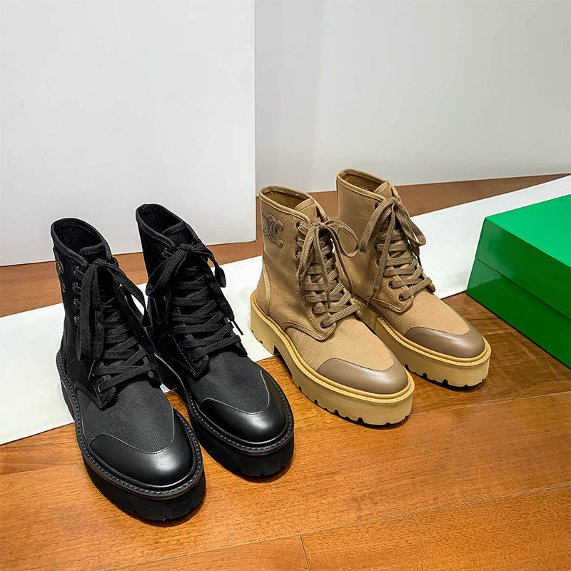 Yang Mi Style Arc De Triomphe Lace-Up Canvas Martin Boots for Women, Genuine Leather Western Desert Short Boots, Thick-Soled Biker Boots