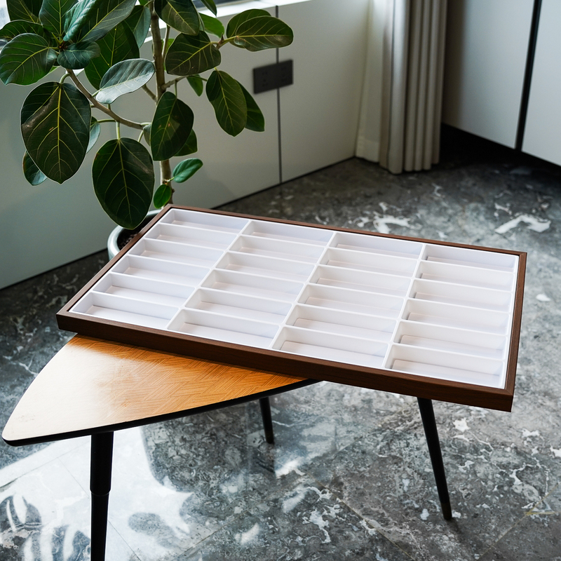 Glasses Storage Box with Black Walnut Wood Grain, 24 Compartments, Sunglasses Display Tray, Counter Decoration Tray Without Lid Glasses Storage Box with Black Walnut Wood Grain, 24 Compartments, Sunglasses Display Tray, Counter Decoration Tray Without Lid