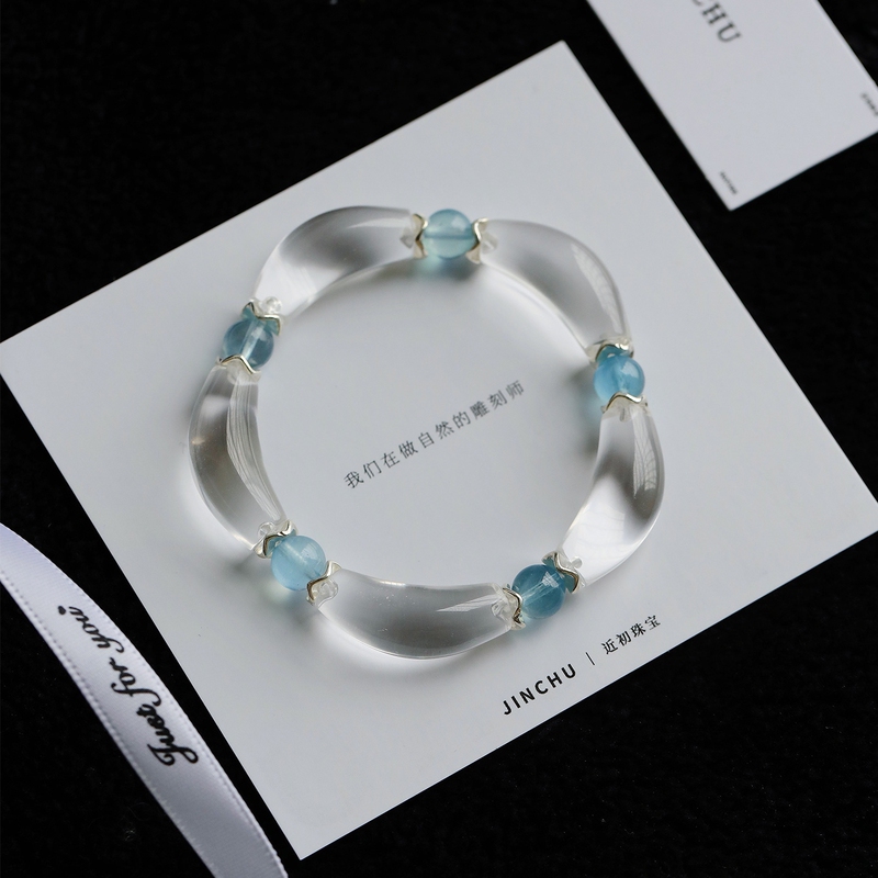 Natural White Crystal Curved Tube Bracelet, Aquamarine Bracelet, Gold and Water Element Petal Bracelet, S925 Silver Birthday Gift, Pure Piece