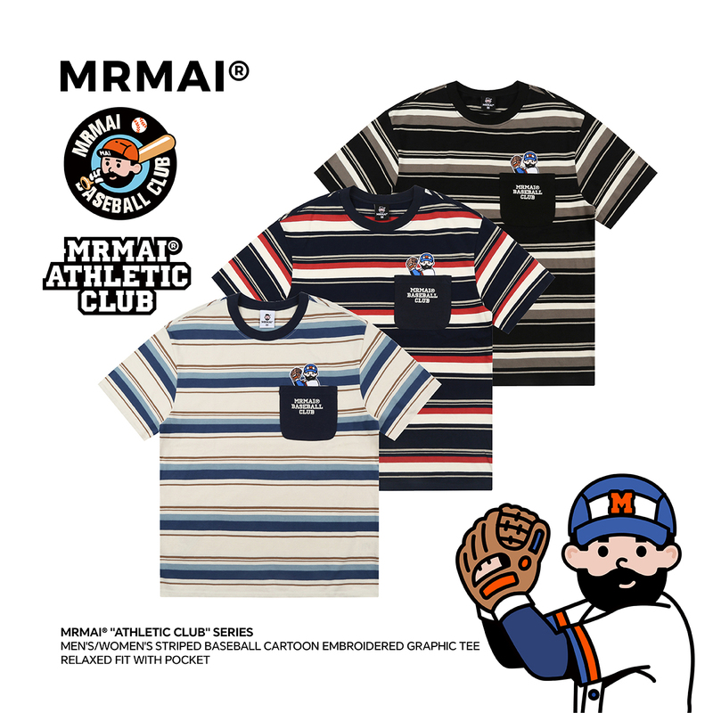 Mrmai ® Summer Style Baseball Cartoon Embroidered Pocket Striped Sports Casual Loose Fit Crew Neck Short Sleeve T-Shirt Mrmai ® Summer Style Baseball Cartoon Embroidered Pocket Striped Sports Casual Loose Fit Crew Neck Short Sleeve T-Shirt