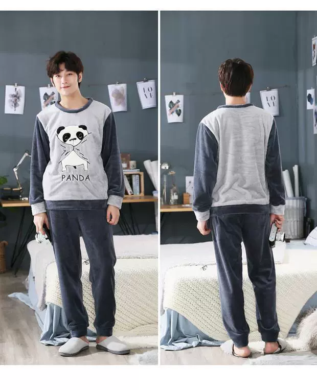 Bộ đồ ngủ nam cotton dày mùa đông nam cộng với mẫu nhung nam có thể mặc ngoài thu đông bộ khủng long dễ thương