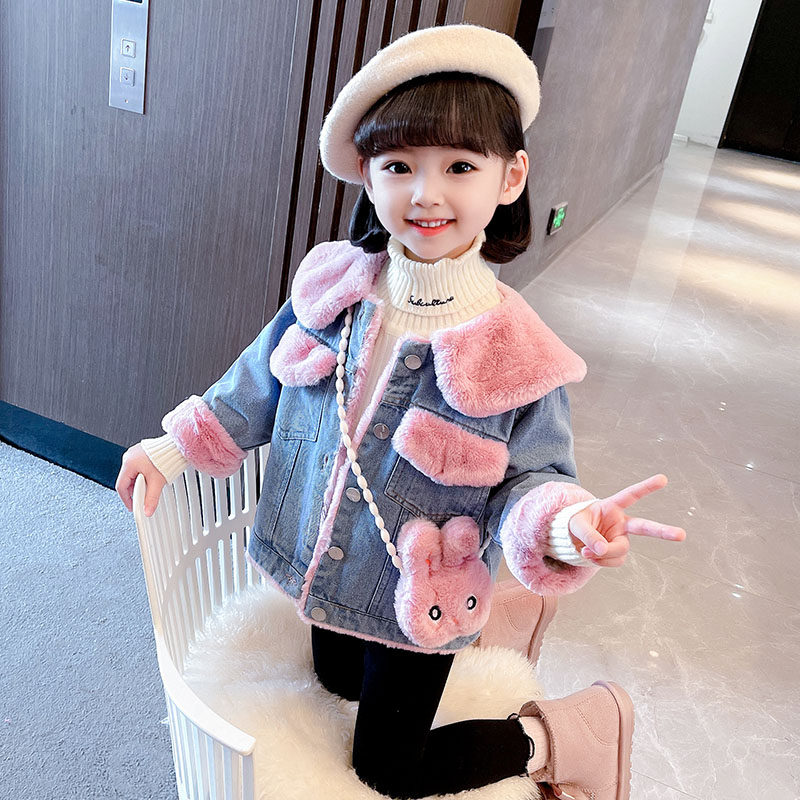 Baby girl plus velvet denim jacket Korean version of autumn girls' clothing autumn and winter new foreign style children's thickened autumn jacket