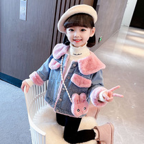 Baby girl plus velvet denim jacket Korean version of autumn girls clothing autumn and winter new style childrens thick autumn tops