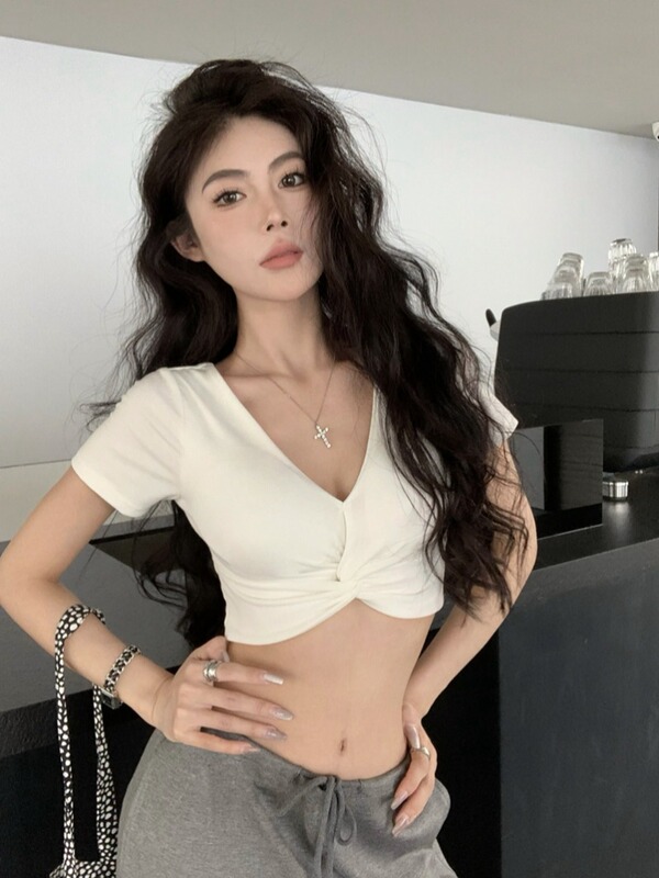 European and American Sexy Hot Girl Style V-Neck Cross-Knotted Padded Short-Sleeved T-Shirt for Women, Short Navel-Baring Jazz Top