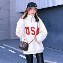 Street Wind South Korea Winter womens clothing USA Printed Upright Collar Loose Cashmere Sweater Jacket Head Inserts plush jacket