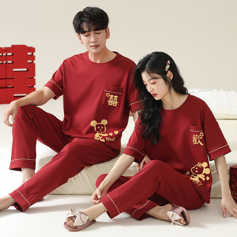 Red Couple Pajamas Summer Pure Cotton Wedding Short-Sleeved Long Pants Newlywed Set Men and Women Festive Zodiac Year Home Wear