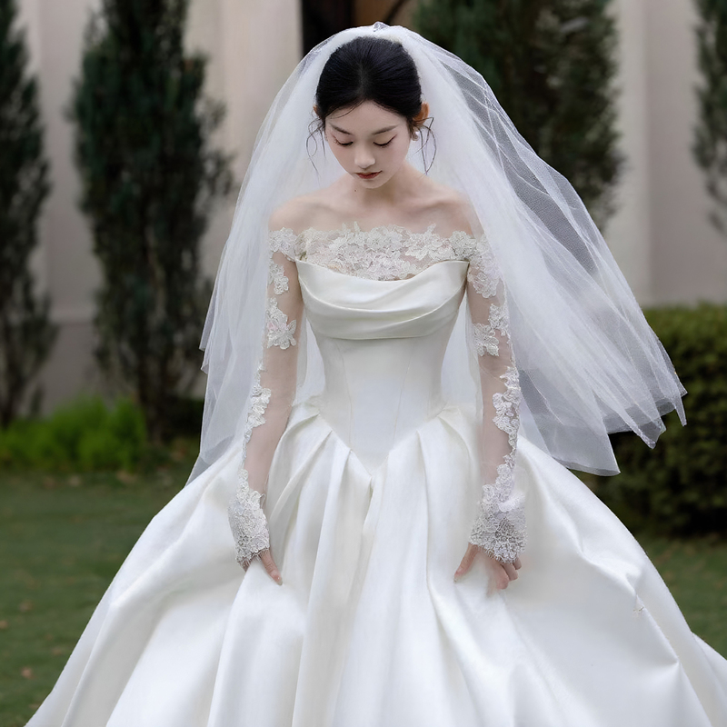 Long-Sleeved Main Wedding Dress for the Bride 2026 New Style Satin with Train, High-End Texture, Autumn and Winter French Off-Shoulder Style Long-Sleeved Main Wedding Dress for the Bride 2026 New Style Satin with Train, High-End Texture, Autumn and Winter French Off-Shoulder Style