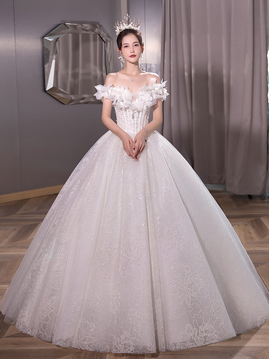 One -character wedding dress 2023 new bride's main yarn high -end texture autumn and winter French thin temperament shiny One -character wedding dress 2023 new bride's main yarn high -end texture autumn and winter French thin temperament shiny