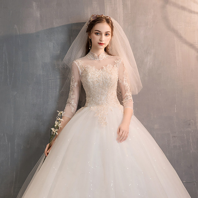 Light wedding dress 2023 new style temperament trailing bride one-shoulder long-sleeved slimming Qidi forest main yarn spring