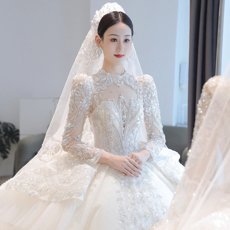 Wedding 2024 Bride's New Mainly Wedding Long Sleeve Heavy Industry One Shoulder Palace Wedding Wedding Dragon Tail Wedding 2024 Bride's New Mainly Wedding Long Sleeve Heavy Industry One Shoulder Palace Wedding Wedding Dragon Tail