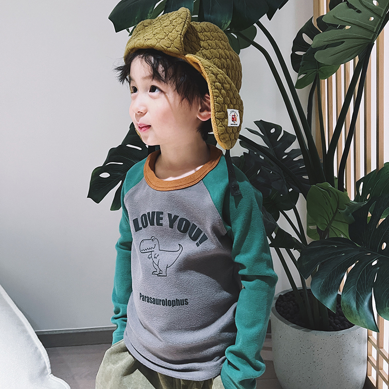 CGTS original design thickened mill wool 97 cotton elastic collage dinosaur round collar parent-child outdoor hit bottom tight T-shirt-Taobao