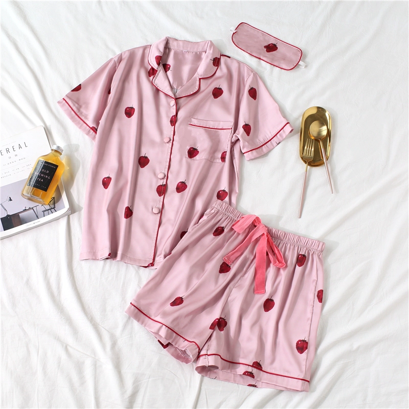 Banana Strawberry Pyjama Cặp đôi Ice Silk Nữ Mùa hè Tay áo ngắn ngọt ngào Nhật Bản Dễ thương Kích thước lớn Dịch vụ tại nhà Đàn ông đồ bộ mặc nhà