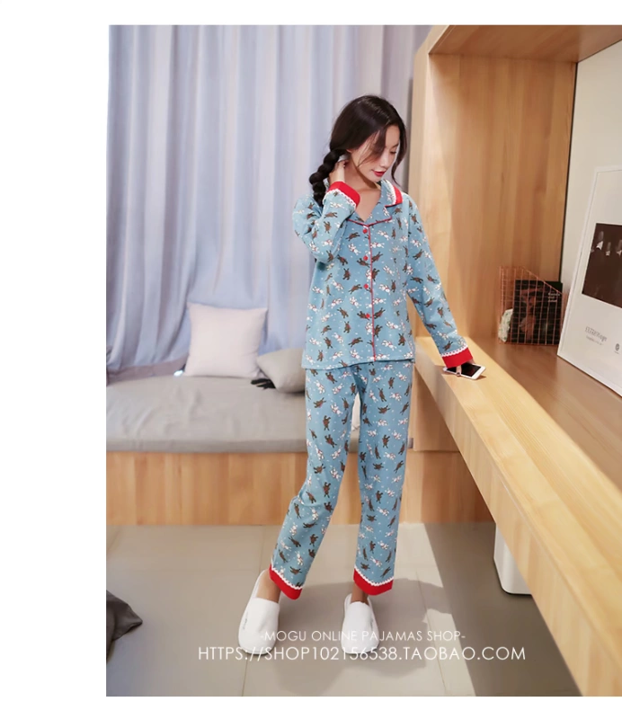 Bunny cotton vài bộ đồ ngủ mùa xuân và mùa thu nhà dịch vụ phù hợp với áo len dài tay Hàn Quốc phim hoạt hình nam nữ phù hợp với hai mảnh