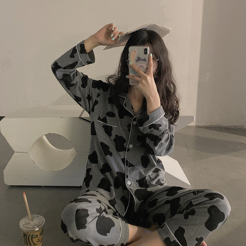 Retro black gray cow pajamas women's spring and autumn long-sleeved net red with the same paragraph ins cotton fashion students cute Korean version