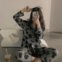 Retro black gray cow pajamas womens spring and autumn long-sleeved net red with the same paragraph ins cotton fashion students cute Korean version