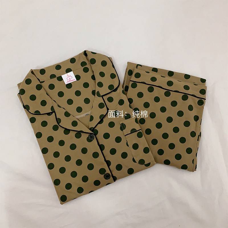 Hong Kong flavor retro niche pajamas female cotton ins fashion wave point suit Korean couple long-sleeved thin section spring and autumn