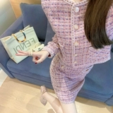 Розовый демисезонный комплект, в стиле Шанель, городской стиль, изысканный стиль