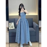 Топ без лямок, платье, дизайнерская длинная юбка, открытые плечи, в корейском стиле, тренд сезона, длина макси