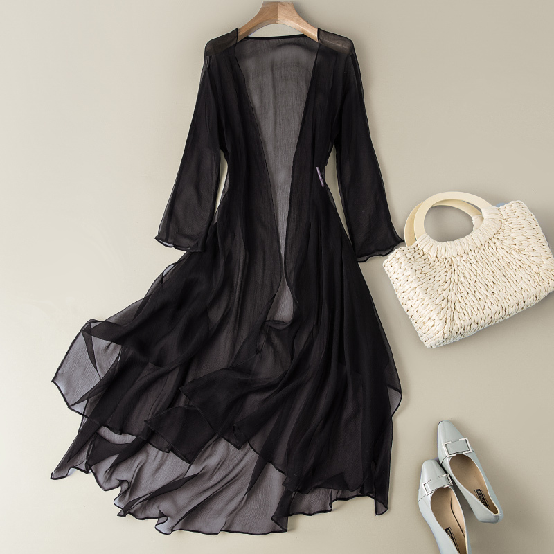 Black Long Cardigan with Silk Overlay, 2026 Summer Fashion Sun Protection Shirt, Long-Sleeved Air-Conditioning Shirt, Outerwear Shawl Cover-Up Black Long Cardigan with Silk Overlay, 2026 Summer Fashion Sun Protection Shirt, Long-Sleeved Air-Conditioning Shirt, Outerwear Shawl Cover-Up