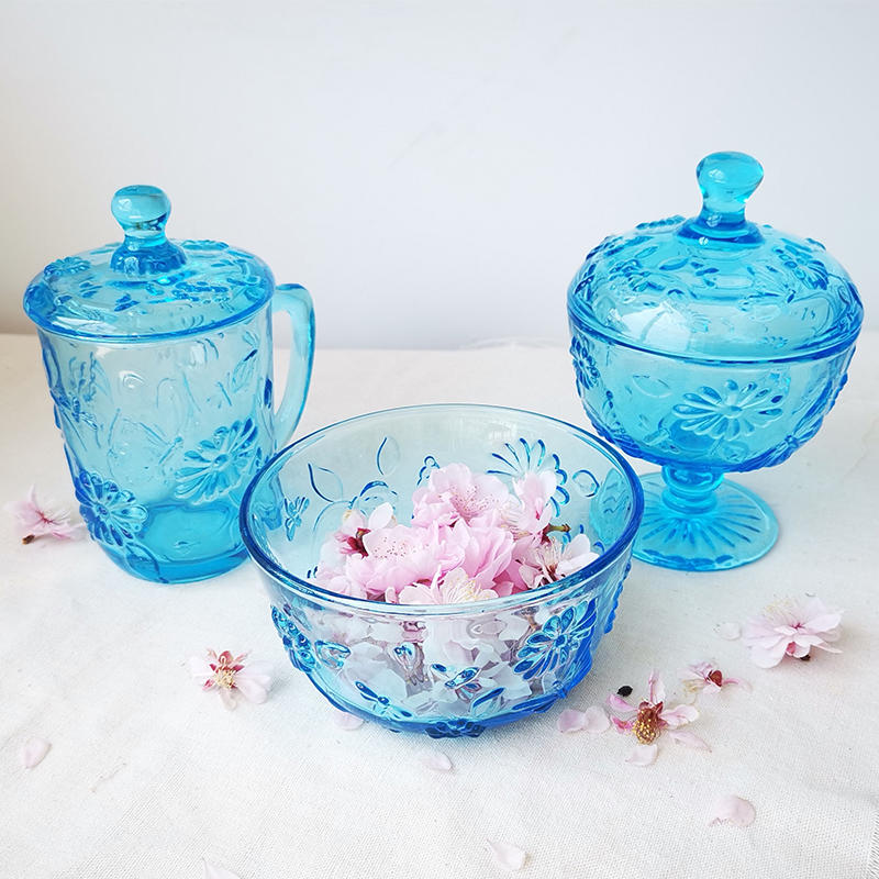 Marna Road) Sea Blue Three Sets) Mark Cup Salad Bowl Candy Jar Resistant High Temperature Microwave Oven