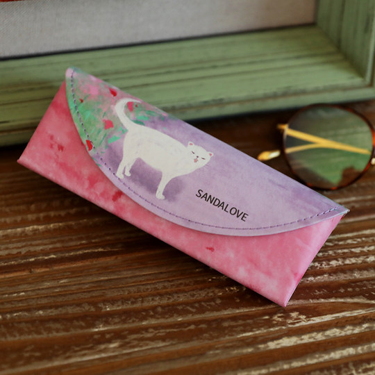 眼镜盒PU手工复古高档小猫花粉紫色近视眼镜收纳盒简约便携抗压女