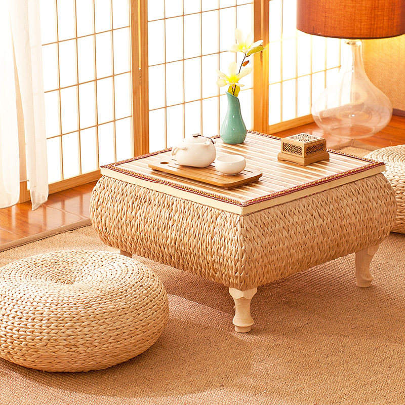 Grass-knitted short table-tatami bed-table bed with small-kang table-bed with several balconies to contain solid wood dwarf table rattan-style short tea table