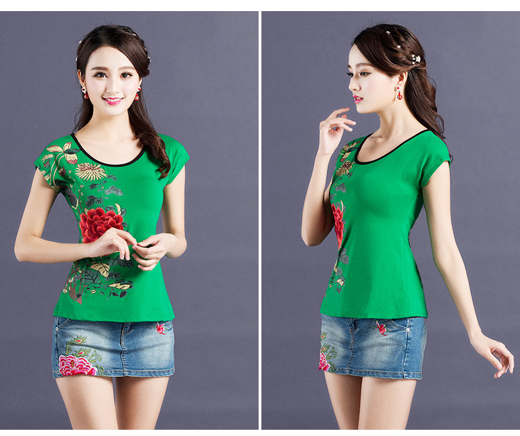 Áo khoác nữ phong cách Trung Quốc Mùa hè phong cách mới quốc gia áo thun ngắn tay nữ thêu hoa Slim áo sơ mi nữ size lớn áo thun nữ tay dài