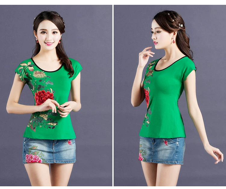 Áo khoác nữ phong cách Trung Quốc Mùa hè phong cách mới quốc gia áo thun ngắn tay nữ thêu hoa Slim áo sơ mi nữ size lớn áo phông rộng