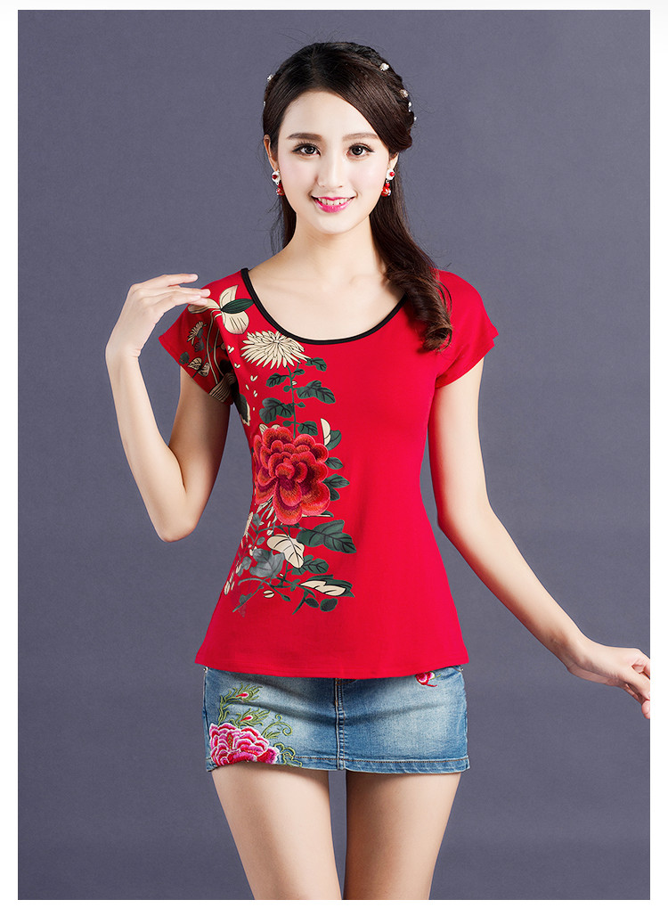 Áo khoác nữ phong cách Trung Quốc Mùa hè phong cách mới quốc gia áo thun ngắn tay nữ thêu hoa Slim áo sơ mi nữ size lớn áo thun nữ tay dài