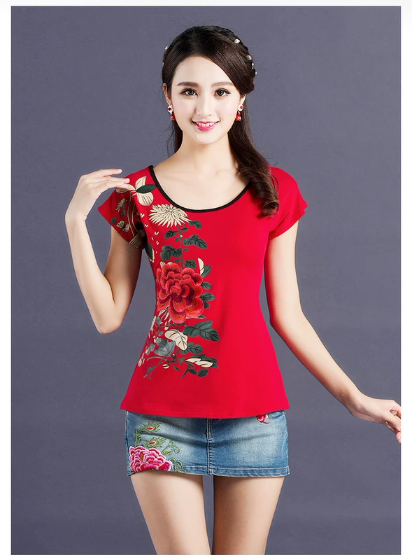 Áo khoác nữ phong cách Trung Quốc Mùa hè phong cách mới quốc gia áo thun ngắn tay nữ thêu hoa Slim áo sơ mi nữ size lớn áo phông rộng