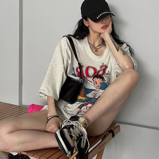 美式vintage复古大码t恤女纯棉潮牌古着短袖ins2022新款夏季上衣