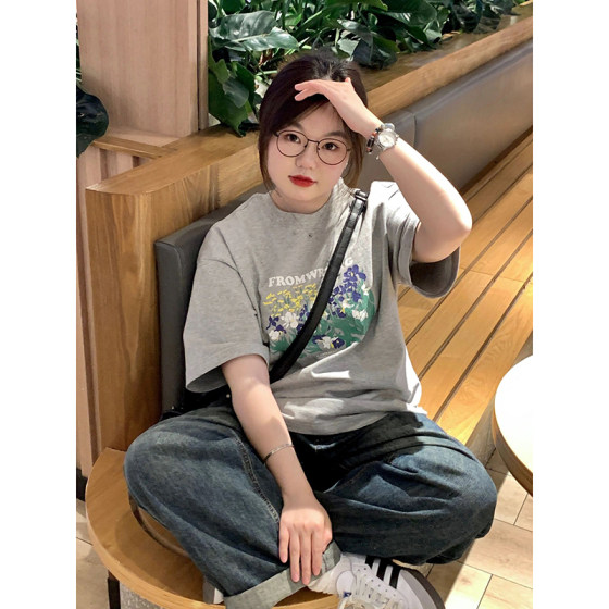 Korean chic gray cotton short-sleeved large size loose oversize t-shirt female summer fat mm belly cover top hidden meat