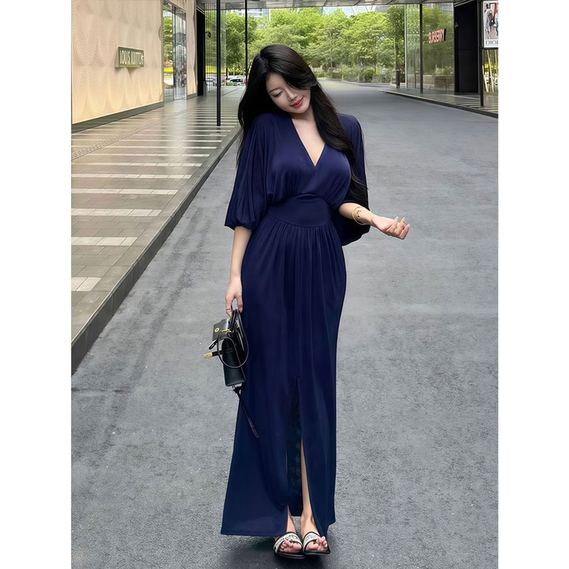 Plus-Size Mature Elegant Waist-Cinching Bodycon Dress for Women, Pure and Sexy V-Neck Elegant Socialite Slit Long Dress