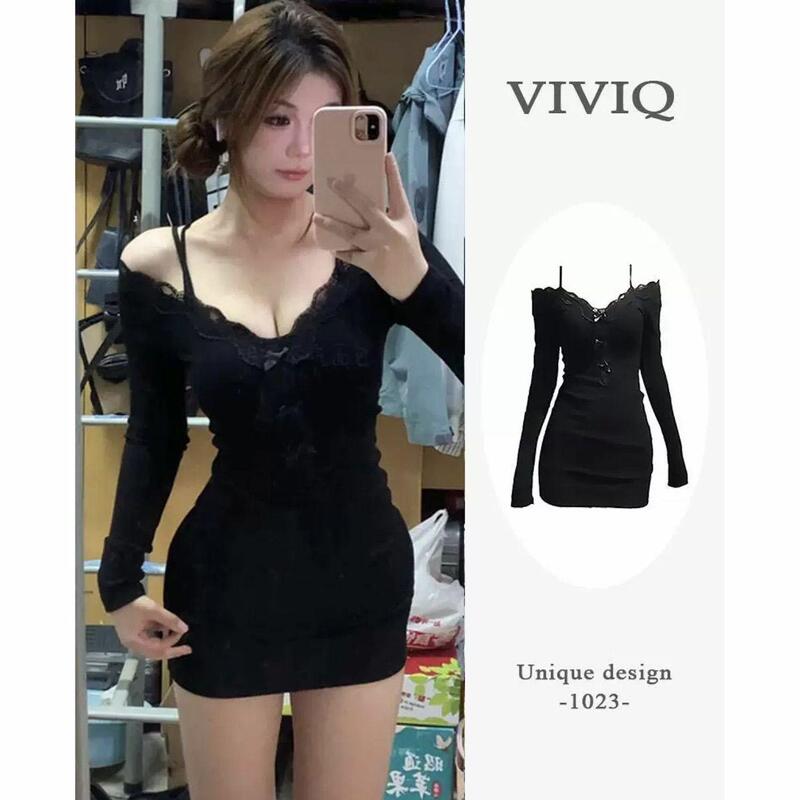 Plus Size Fat Girl Pure Desire Style Sexy Hot Girl Lace Trim Spaghetti Strap Off-Shoulder Long Sleeve Dress Women's Waist-Cinching Bodycon Dress