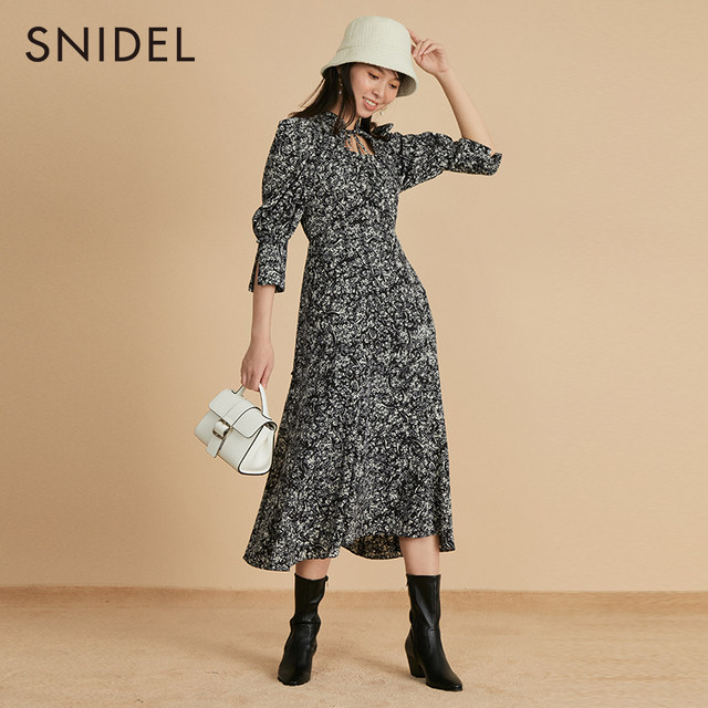 SNIDEL autumn elegant retro printed puff sleeve lace-up waist dress SWFO225038