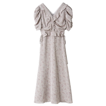 SNIDEL2024 autumn new puff sleeve V-neck ruffled patchwork printed dress SWFO244074
